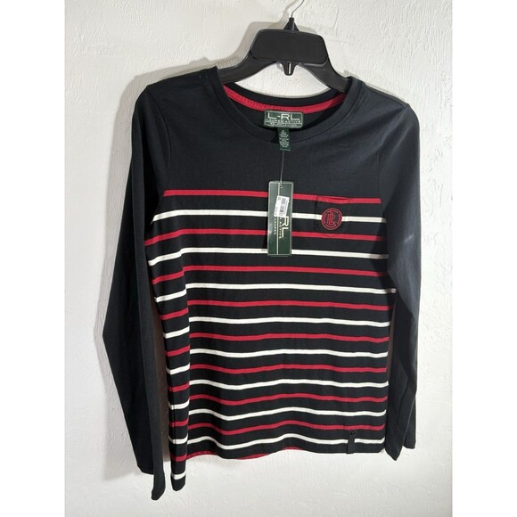 Lauren Ralph Lauren NWT Black w/ Red White Stripes LRL Crest  Womans Blouse Sz M - Picture 5 of 11